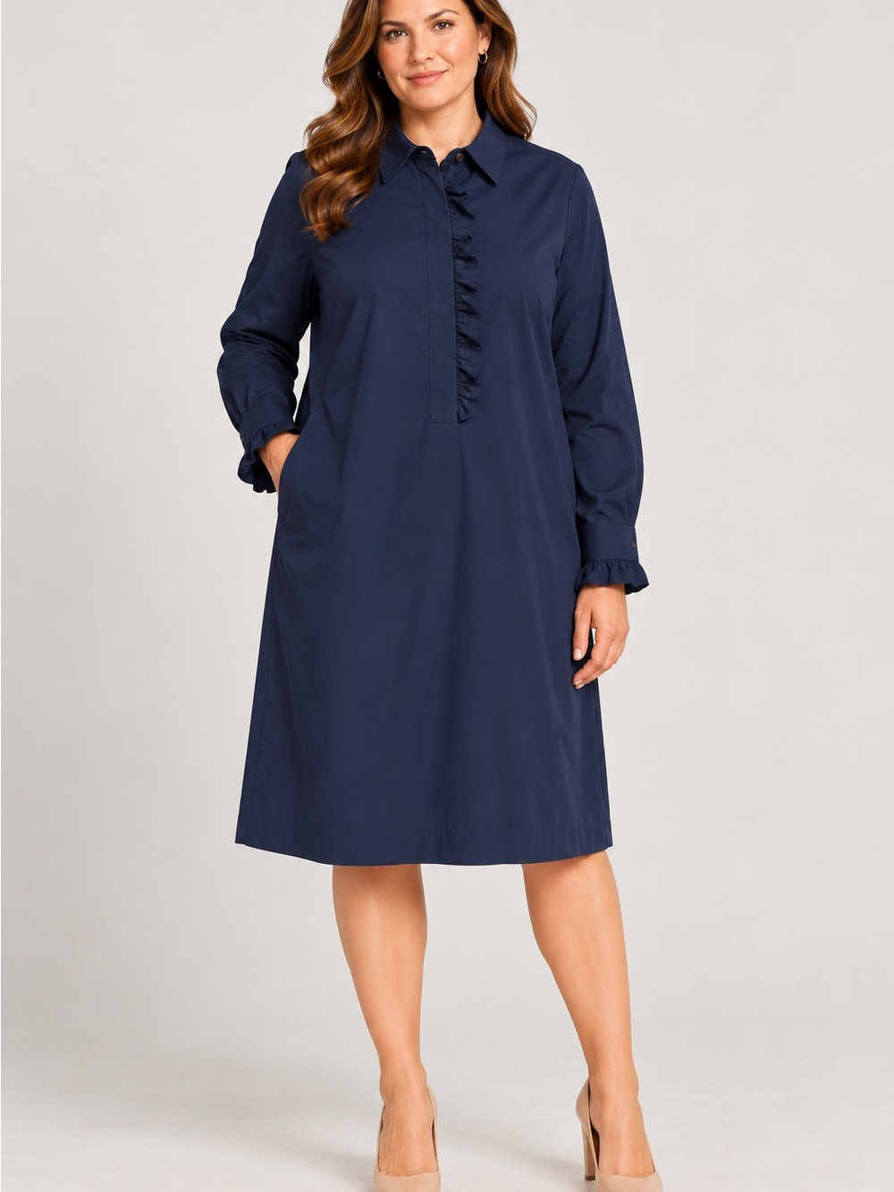 Lafayette 148 New York Fiona Ruffle Shirtdress Navy XL